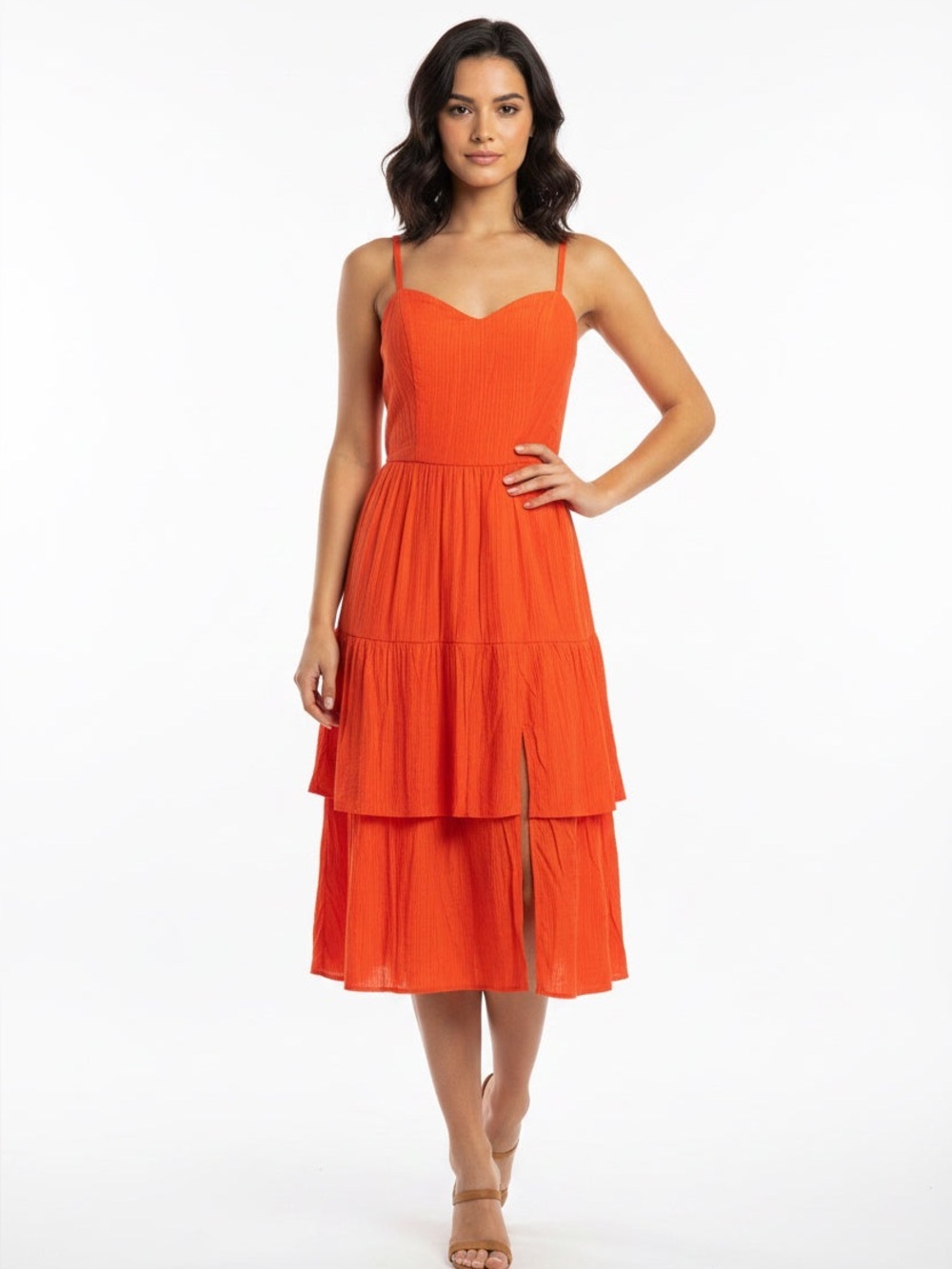 I.N. San Francisco Bright Orange Tiered Spaghetti-Strap Midi dress
